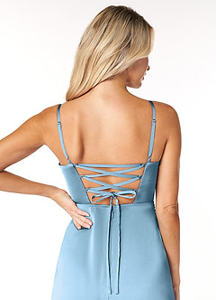 Azazie Marchella Bridesmaid Dresses Steel Blue A-Line Corset Stretch Satin Dress image3