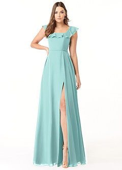 Azazie Jinny Bridesmaid Dresses Aqua A-Line Square Neckline Ruched Chiffon Dress image1