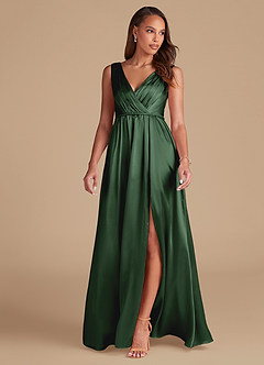 Azazie Tanicia Bridesmaid Dresses Eucalyptus A-Line Pleated Metallic Satin Dress image3