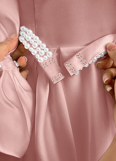 Azazie Gabriella Flower Girl Dresses Rose Gold Ball-Gown with Sleeves Matte Satin Dress image7