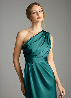 Azazie Emorie Final Sale Peacock Sheath One Shoulder Stretch Satin Dress image2