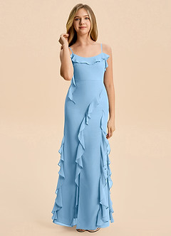 Azazie Phoebe Junior Steel Blue Sheath Ruched Chiffon Dress image1