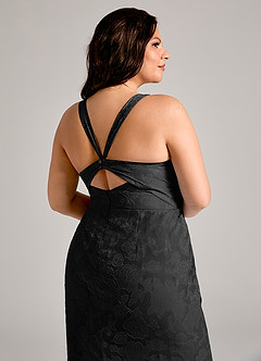 Azazie Mero At-home Try On Dresses Black Sheath Pleated Floral Burnout Dress image12