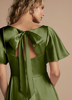 Azazie Kimber Bridesmaid Dresses Olive A-Line Ruched Metallic Satin Dress image2