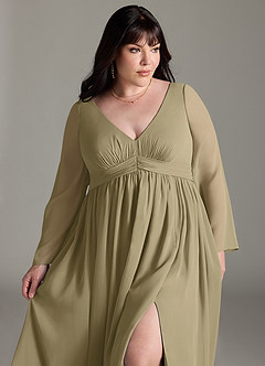 Azazie Teton Zwangerschaps Bruidsmeisjekleding A-Lijn Lange mouw Chiffon Vloerlengte Jurk image12