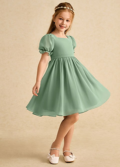 Azazie Jolie Robe Demoiselle D'honneur Fillette Robe Trapèze en Mousseline de soie avec manches Matcha image1