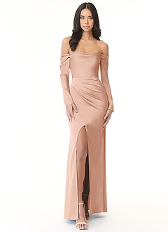 Azazie Hallie Abiti da Damigella Abito Convertibile Tubino in Raso Elasticizzato Manica lunga con spalle scoperte Oro Rosa image6