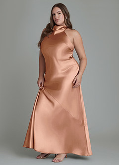 Azazie Velli Bridesmaid Dresses Bronzer Sheath High Neck Metallic Satin Dress image6