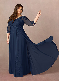 Azazie Noella Mère de la mariée Robes Robe Trapèze en Mousseline de soie Col V Dentelle Bleu Marine Foncé image11