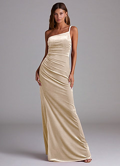 Azazie Eren Final Sale Champagne Sheath One Shoulder Velvet Dress image3