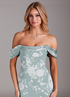 Azazie Saige Bridesmaid Dresses Powder Blue Floral Sheath Off the Shoulder Stretch Satin Dress image7