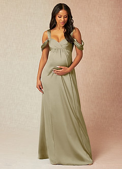 Azazie Rhea vestidos de dama de honor de maternidad Vestido de Corte En A Off The Shoulder Plisado Hasta el suelo Satén Elástico image1