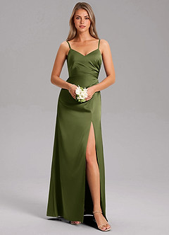 Azazie Azuree Bridesmaid Dresses Olive A-Line Pleated Stretch Satin Dress image9