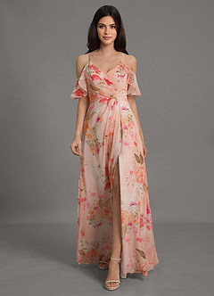 Azazie Dakota Bridesmaid Dresses Abstract Bouquet Floral A-Line V-Neck Pleated Chiffon Dress image3