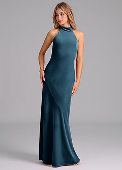 Azazie Velli Vestidos de damas de honor Vestido de Topacio Azul de terciopelo de Corte Sirena con Cuello Alto image3