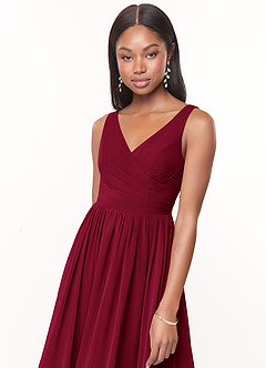 Azazie Keyla Bridesmaid Dresses Burgundy A-Line V-Neck Pleated Chiffon Dress image4