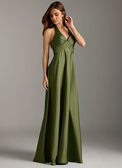 Azazie Tessie Bridesmaid Dresses Olive A-Line Pleated Stretch Satin Dress image4