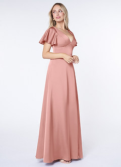 Azazie Lani Bridesmaid Dresses Rosette A-Line Flounce Sleeve Stretch Satin Dress image4