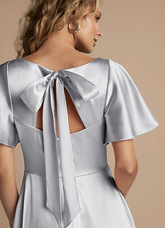 Azazie Kimber Bridesmaid Dresses Silver A-Line Ruched Metallic Satin Dress image2
