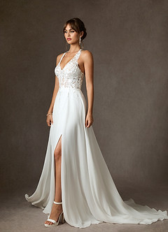 Azazie Sonja Wedding Dresses Diamond White Champagne A-Line Lace Dress image4