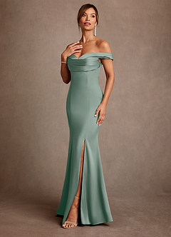 Azazie Boone Abiti per la Madre della Sposa Abito Sirena in Raso Elasticizzato a Spalla Scoperta Salvia Argentata image4