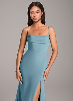 Azazie Saige Bridesmaid Dresses Moody Blue Sheath Off the Shoulder Chiffon Convertible Dress image2