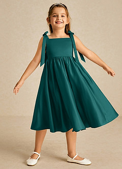 Azazie Chelsie Flower Girl Dresses Peacock A-Line Bow Matte Satin Dress image1