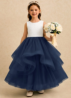 Azazie Madison Flower Girl Dresses Ivory Dark Navy Ball-Gown Lace Tulle Dress image1