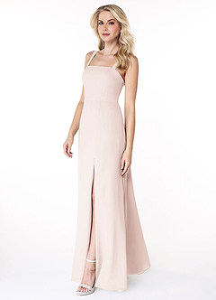 Azazie Jay Bridesmaid Dresses Rose Petal A-Line Square Neckline Side Slit Chiffon Dress image4