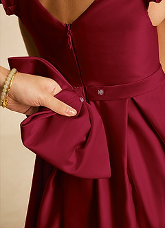 Azazie Francine Final Sale Burgundy A-Line Bow Matte Satin Dress image4
