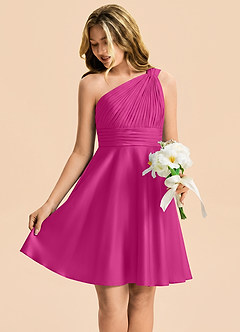 Azazie Charlize Junior Fuchsia A-Line Pleated Stretch Satin Dress image6