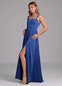 Azazie Rosaline Bridesmaid Dresses Royal Blue A-Line Side Slit Stretch Satin Dress image5