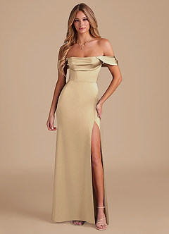 Azazie Saige Bridesmaid Dresses Champagne A-Line Off the Shoulder Metallic Satin Convertible Dress image5