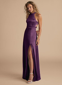 Azazie Clarice Bridesmaid Dresses Plum A-Line High Neck Metallic Satin Dress image5