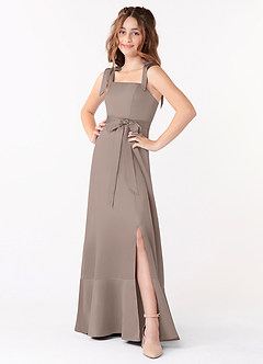 Azazie Barbara Junior Taupe A-Line Bow Matte Satin Dress image1