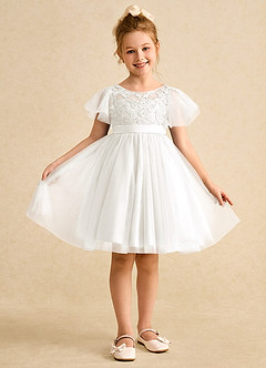 Azazie Queenie Flower Girl Dresses Ivory A-Line Lace Dress image1