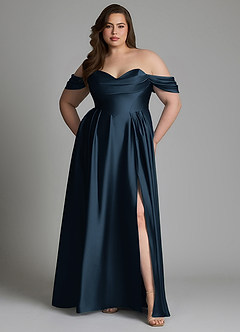 Azazie Loisa Vestidos de damas de honor Vestido Azul Marino Oscuro de Satén Elástico de Línea A con Hombros descubiertos image10