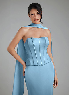 Azazie River At-home Try On Dresses Steel Blue Sheath Corset Stretch Satin Convertible Dress image10