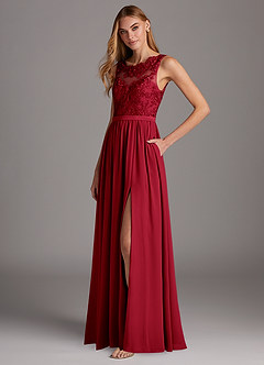 Azazie Elly Brautjungfernkleider A-Linie Rundhalsausschnitt mit Spitze Chiffon Kleid Scharlachrot image1