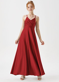 Azazie Avelina Junior Pomegranate A-Line Pleated Stretch Satin Dress image1