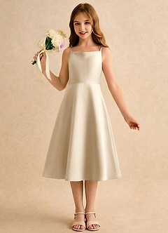 Azazie Jaella Girls Formal Blomsterpigekjoler A-Line Plisseret Mat satin Te-længde Kjole image4