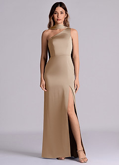 Azazie Phaedra Bridesmaid Dresses Taupe A-Line One Shoulder Stretch Satin Dress image1