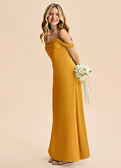 Azazie Lettie Junior Butterscotch A-Line Off the Shoulder Stretch Satin Dress image1