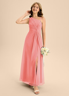 Azazie Brooke Junior Abito A-Line in Chiffon Spacco Laterale Corallo image1