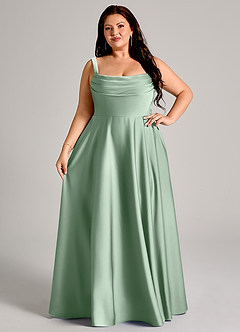 Azazie Shaude Bridesmaid Dresses Agave A-Line Pleated Stretch Satin Dress image12