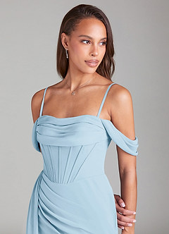 Azazie Amyra Bridesmaid Dresses Sky Blue Sheath Off the Shoulder Chiffon Convertible Dress image6