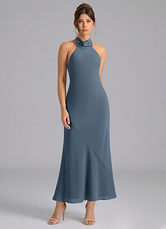 Azazie Velli Brautjungfernkleider Meerjungfrau-Linie Hoher Kragen Chiffon Kleid Neptunblau image5