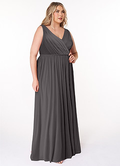 Azazie Tanicia Bridesmaid Dresses Steel Grey A-Line V-Neck Pleated Mesh Dress image8