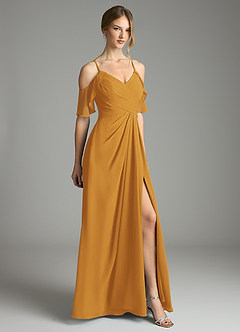 Azazie Dakota Bridesmaid Dresses Butterscotch A-Line V-Neck Pleated Chiffon Dress image5