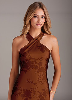 Azazie Doretta Vestidos de damas de honor Vestido de Floral Naranja Quemado de Satén Elástico de Corte Sirena con Plisado image5